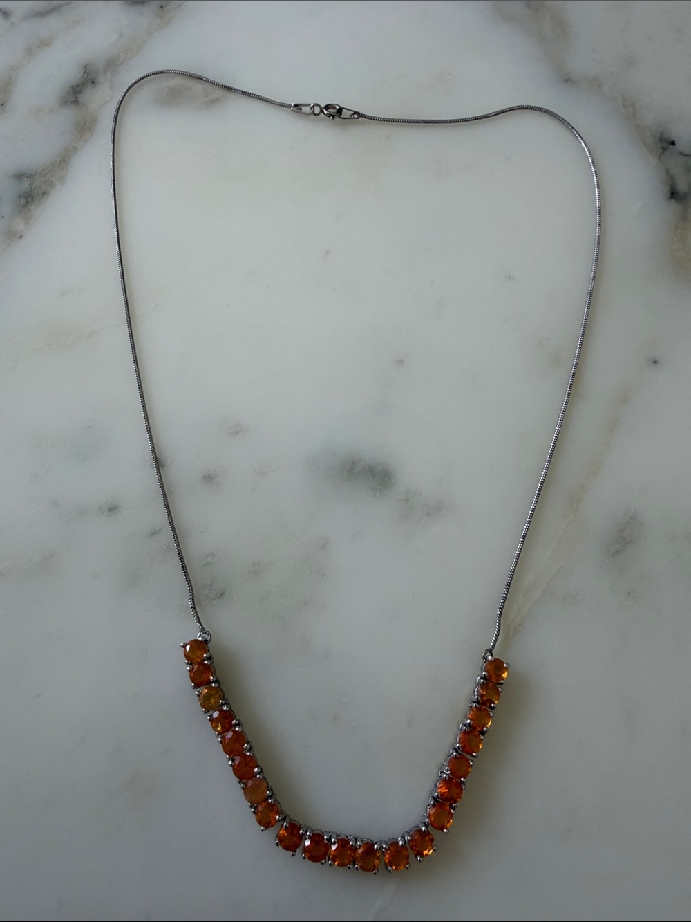 VTG 925 Sterling Silver Orange Stone Tennis Bar Necklace Snake Chain